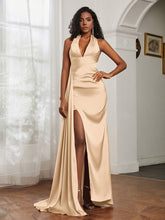 Sheath Halter Neckline Satin Prom Dress Champagne