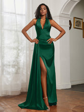 Sheath Halter Neckline Satin Prom Dress Dark Green