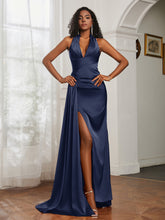 Sheath Halter Neckline Satin Prom Dress Dark Navy