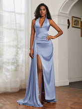 Sheath Halter Neckline Satin Prom Dress Dusty Blue