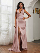 Sheath Halter Neckline Satin Prom Dress Dusty Rose