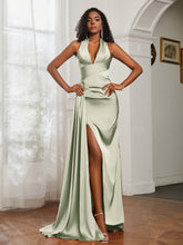 Sheath Halter Neckline Satin Prom Dress Dusty Sage