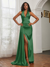 Sheath Halter Neckline Satin Prom Dress Emerald