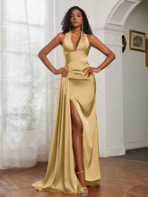 Sheath Halter Neckline Satin Prom Dress Gold