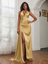Sheath Halter Neckline Satin Prom Dress Gold