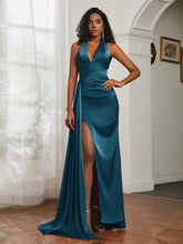 Sheath Halter Neckline Satin Prom Dress Ink Blue