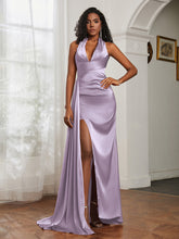 Sheath Halter Neckline Satin Prom Dress Lilac