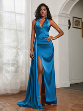 Sheath Halter Neckline Satin Prom Dress Ocean Blue