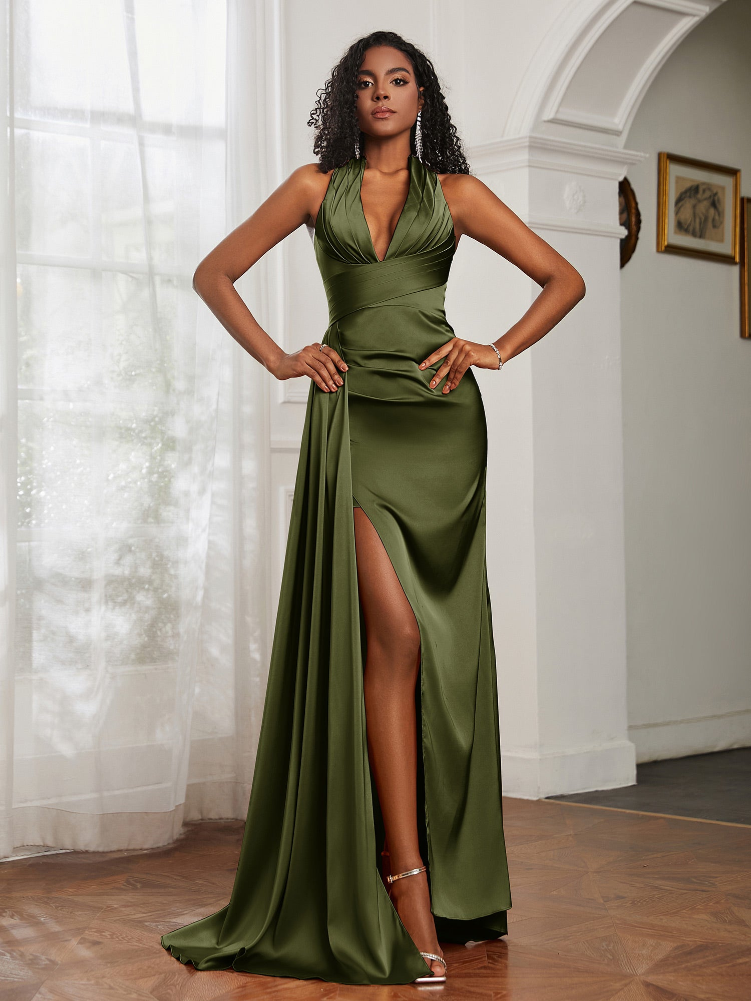 Princess V-neck Satin Dresses with Pockets Olive Green Plus Size