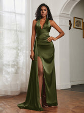 Sheath Halter Neckline Satin Prom Dress Olive Green