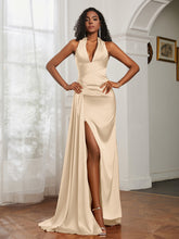 Sheath Halter Neckline Satin Prom Dress Peach