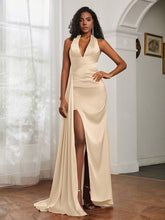 Sheath Halter Neckline Satin Prom Dress Peach