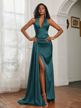 Sheath Halter Neckline Satin Prom Dress Peacock