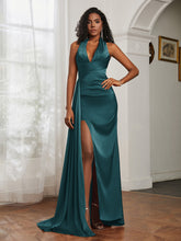 Sheath Halter Neckline Satin Prom Dress Peacock