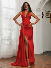 Sheath Halter Neckline Satin Prom Dress Red