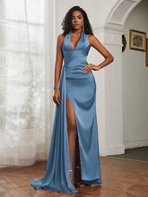 Sheath Halter Neckline Satin Prom Dress Slate Blue