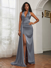 Sheath Halter Neckline Satin Prom Dress Steel Grey