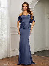 Sweetheart Neckline Flutter Sleeves Satin Prom Dress Dark Navy