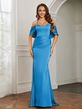 Sweetheart Neckline Flutter Sleeves Satin Prom Dress Ocean Blue