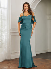 Sweetheart Neckline Flutter Sleeves Satin Prom Dress Peacock