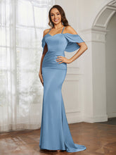 Sweetheart Neckline Flutter Sleeves Satin Prom Dress Slate Blue