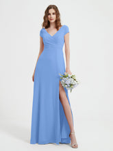 A-line V-neck Chiffon Ruched Floor-length Dress Blue