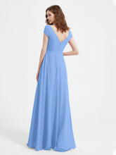 A-line V-neck Chiffon Ruched Floor-length Dress Blue