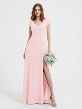 A-line V-neck Chiffon Ruched Floor-length Dress Blushing Pink