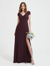 A-line V-neck Chiffon Ruched Floor-length Dress Cabernet