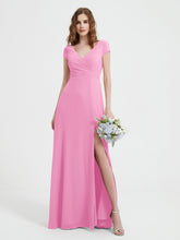 A-line V-neck Chiffon Ruched Floor-length Dress Candy Pink
