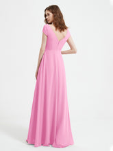 A-line V-neck Chiffon Ruched Floor-length Dress Candy Pink