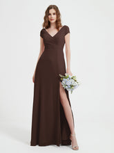 A-line V-neck Chiffon Ruched Floor-length Dress Chocolate