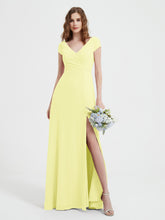 A-line V-neck Chiffon Ruched Floor-length Dress Daffodil
