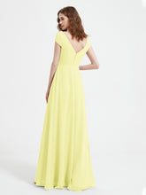 A-line V-neck Chiffon Ruched Floor-length Dress Daffodil