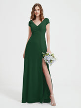 A-line V-neck Chiffon Ruched Floor-length Dress Dark Green