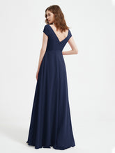 A-line V-neck Chiffon Ruched Floor-length Dress Dark Navy