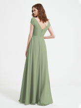 A-line V-neck Chiffon Ruched Floor-length Dress Dusty Sage