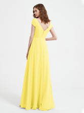 A-line V-neck Chiffon Ruched Floor-length Dress Lemon