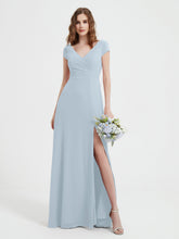 A-line V-neck Chiffon Ruched Floor-length Dress Mist