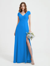 A-line V-neck Chiffon Ruched Floor-length Dress Ocean Blue