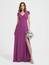 A-line V-neck Chiffon Ruched Floor-length Dress Orchid