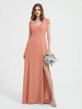 A-line V-neck Chiffon Ruched Floor-length Dress Papaya
