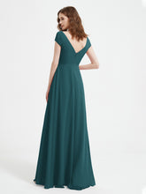 A-line V-neck Chiffon Ruched Floor-length Dress Peacock