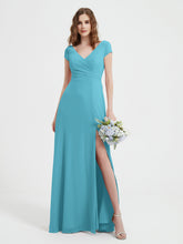 A-line V-neck Chiffon Ruched Floor-length Dress Pool