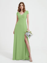 A-line V-neck Chiffon Ruched Floor-length Dress Sage