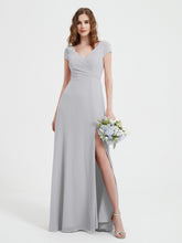 A-line V-neck Chiffon Ruched Floor-length Dress Silver