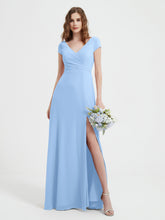 A-line V-neck Chiffon Ruched Floor-length Dress Sky Blue