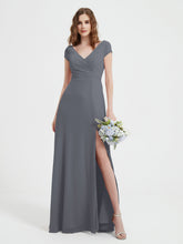 A-line V-neck Chiffon Ruched Floor-length Dress Steel Grey
