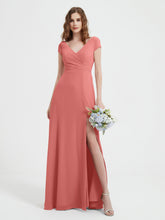 A-line V-neck Chiffon Ruched Floor-length Dress Sunset