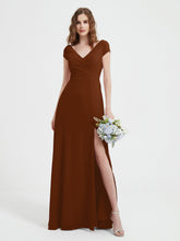A-line V-neck Chiffon Ruched Floor-length Dress Terracotta